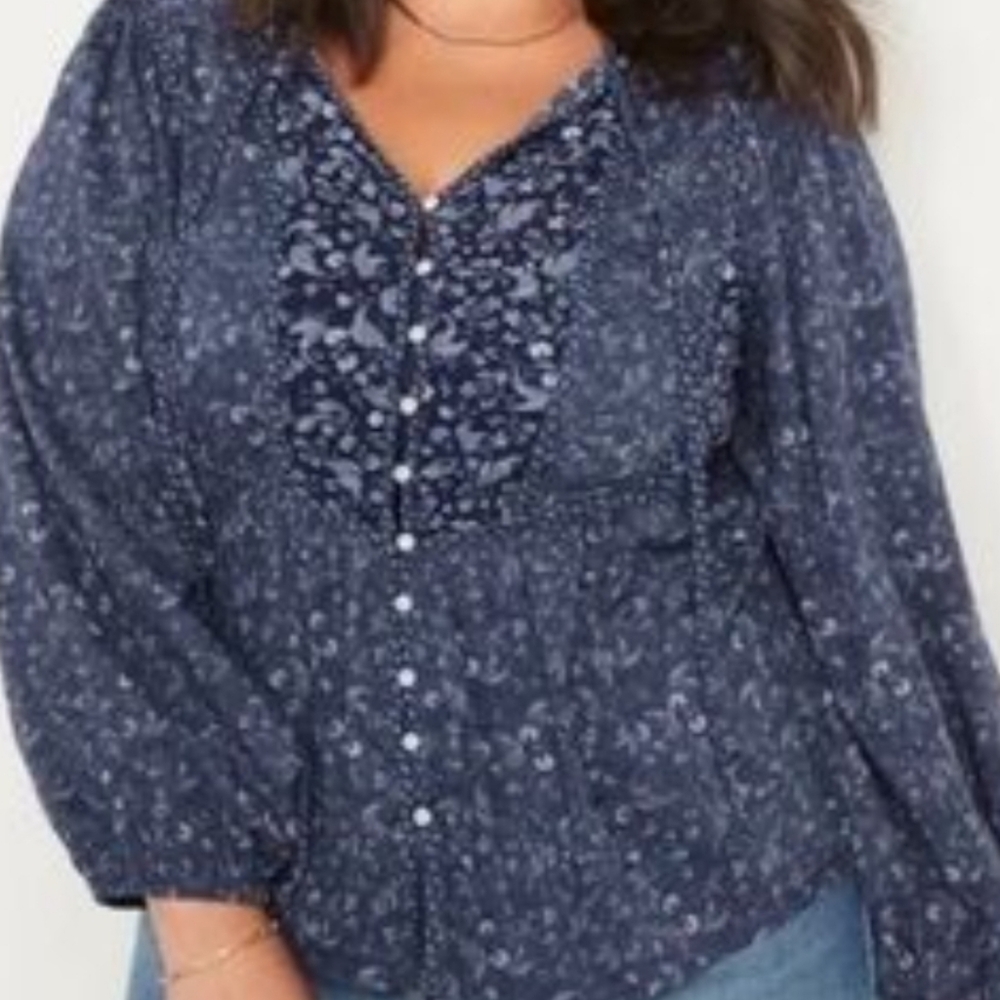 Old Navy Oversized Button-Front Mixed-Print Poet Navy Romantic Blouse - XS - NWT